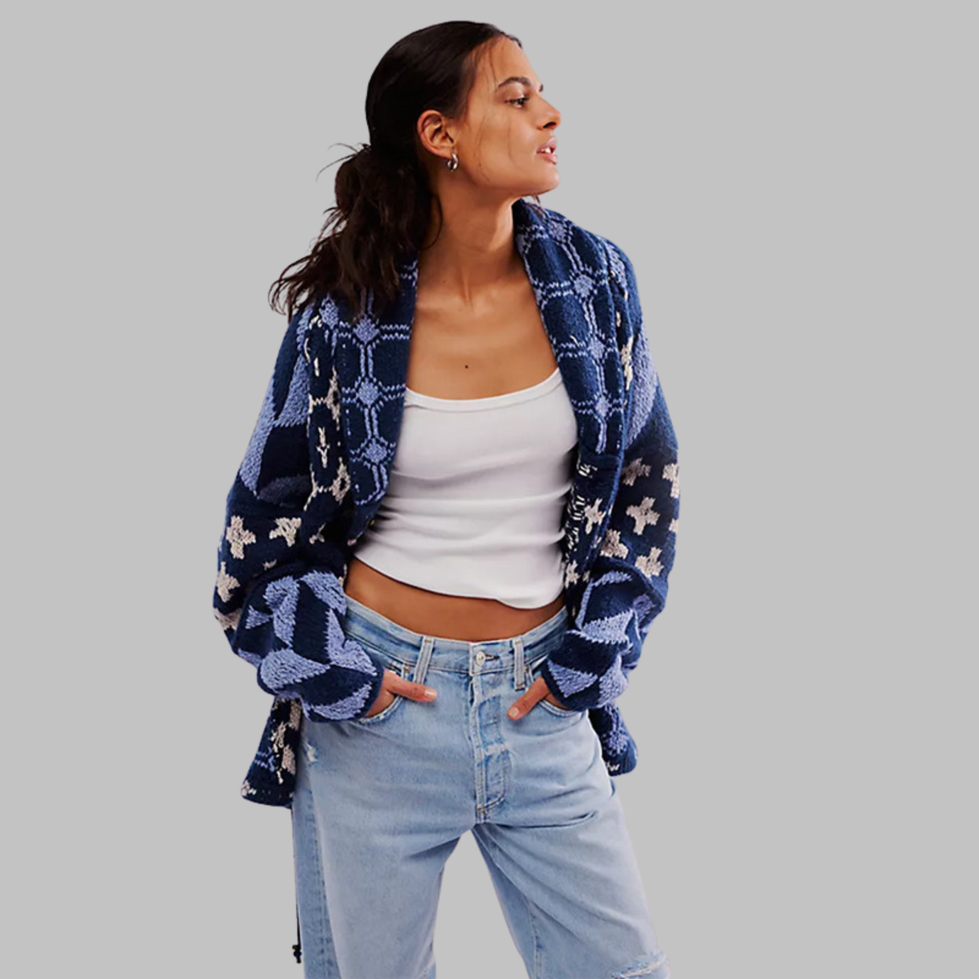 Alessandra – Vintage oversize kardiganas su apykakle ir mygtukais