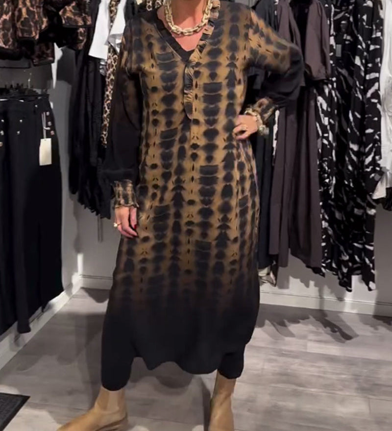 Ombre - V-kaklo ilgos rankovės sluoksniuota suknelė