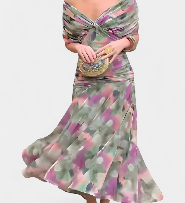 Magda - Ilga gėlių suknelė su V formos iškirpte