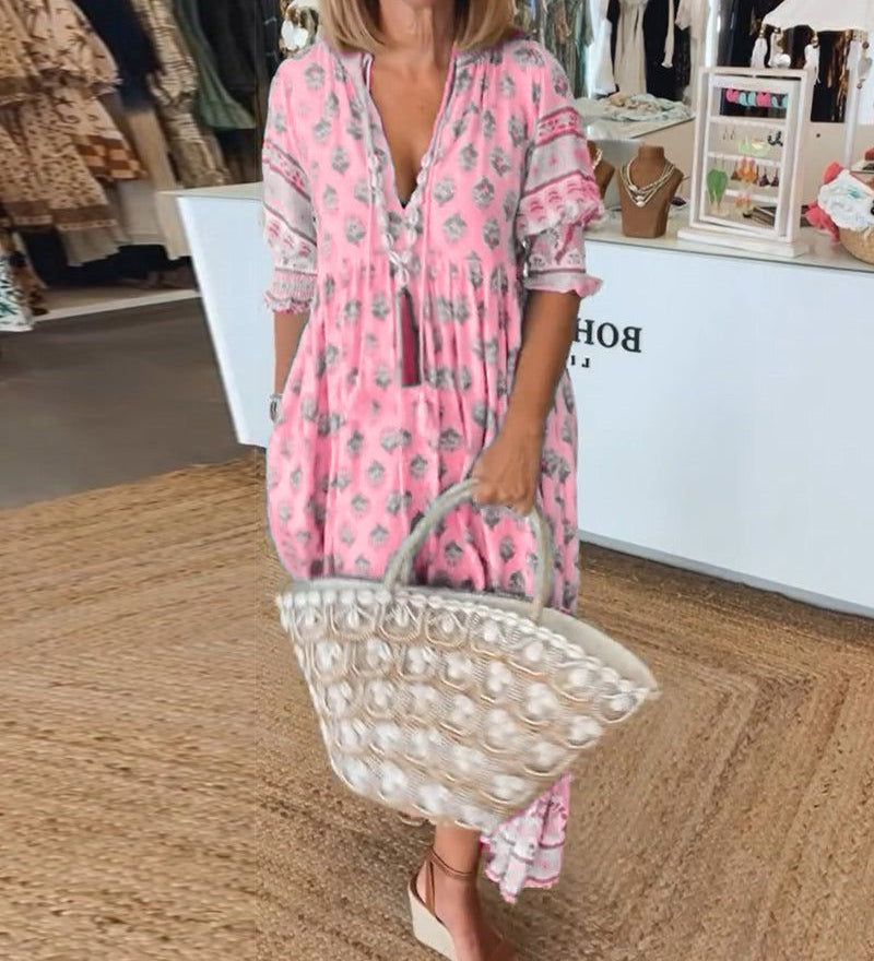 Jagienka – Spausdinta kasdieninė suknelė su V formos iškirpte