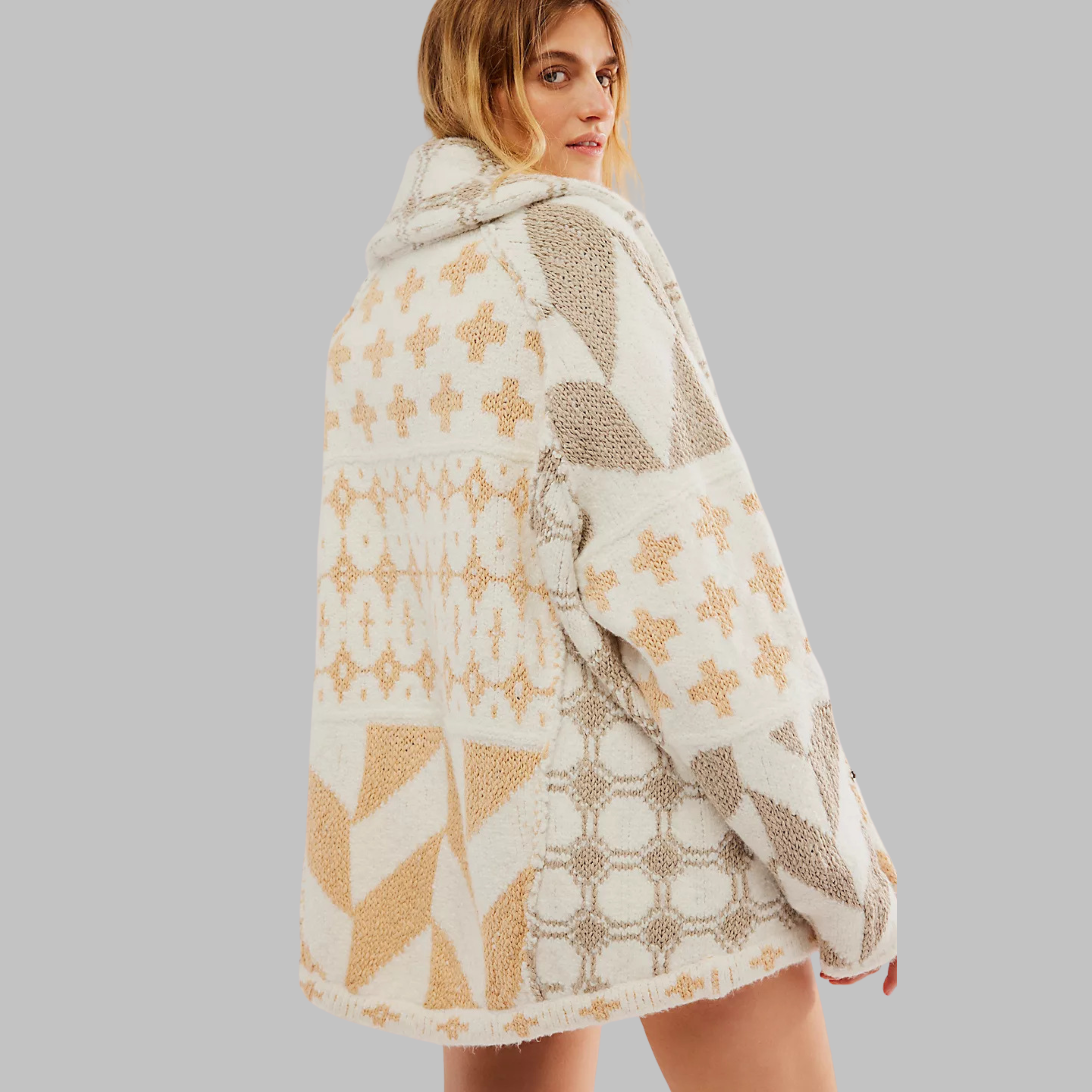 Alessandra – Vintage oversize kardiganas su apykakle ir mygtukais