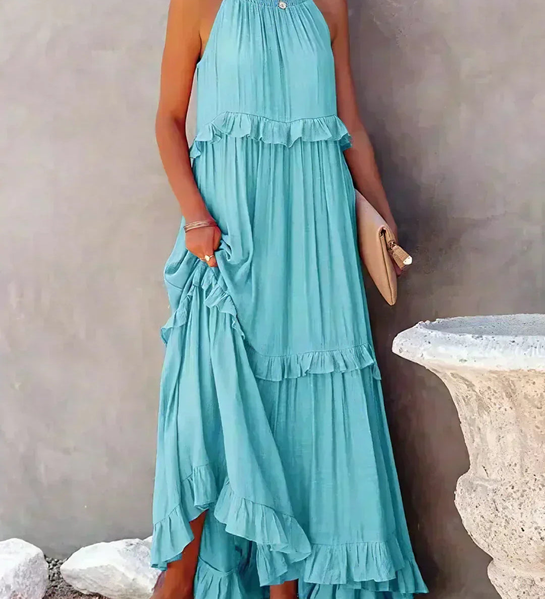 ANETA | Elegantiška be rankovių suknelė su volanais