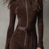 Adrianna | Ruda zomšinė maxi suknelė su diržu ir užtrauktuku