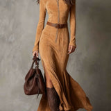 Adrianna | Ruda zomšinė maxi suknelė su diržu ir užtrauktuku